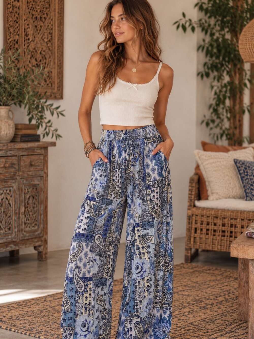 Angie Wide Leg Blue Boho Pants